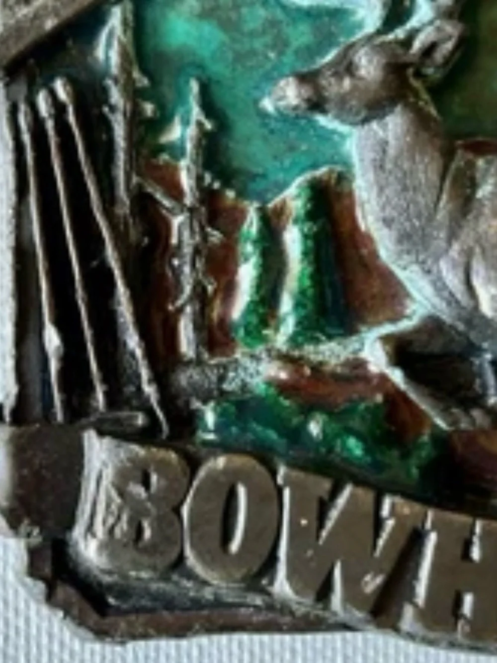 Vintage Bowhunting Elk Scene Belt Buckle - Green & Brown Enamel - 1983